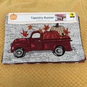 Perfect Harvest Fall Red & White Plaid Truck Tapestry Runner 13" x 68" NWT